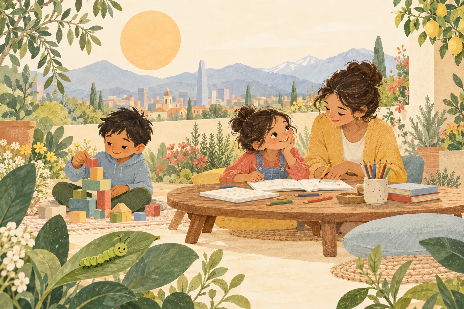 Ilustración de una tarde de juego y aprendizaje, con una adulta acompañando a niños